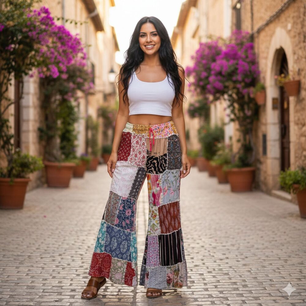 Kantha Patchwork Flare Vibrant Boho Wide Leg Hippie Drawstring Pants -Tiny Stain